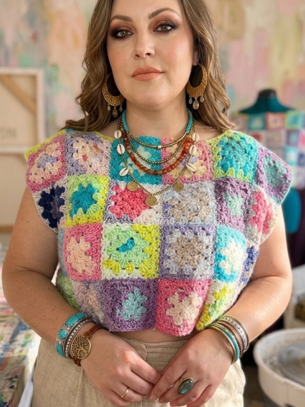 Handmade Pastel Crochet Granny Square Crop Top LARGE